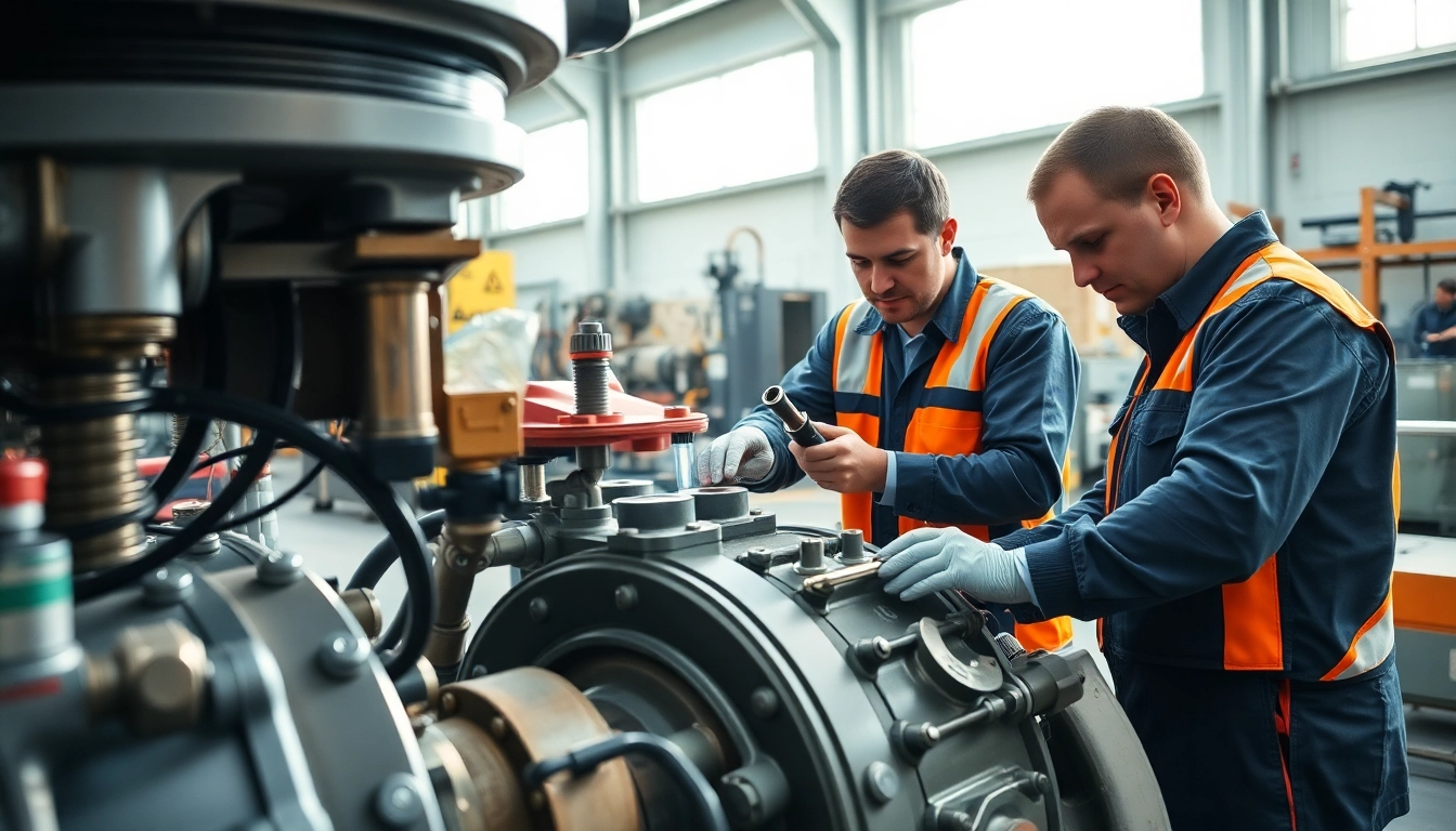 Technicians conducting on-site hydraulic repair for heavy machinery in a bright industrial workshop.