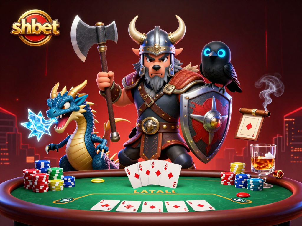 Experience thrilling gaming action at shbet with a Viking warrior, dragon, and poker elements.