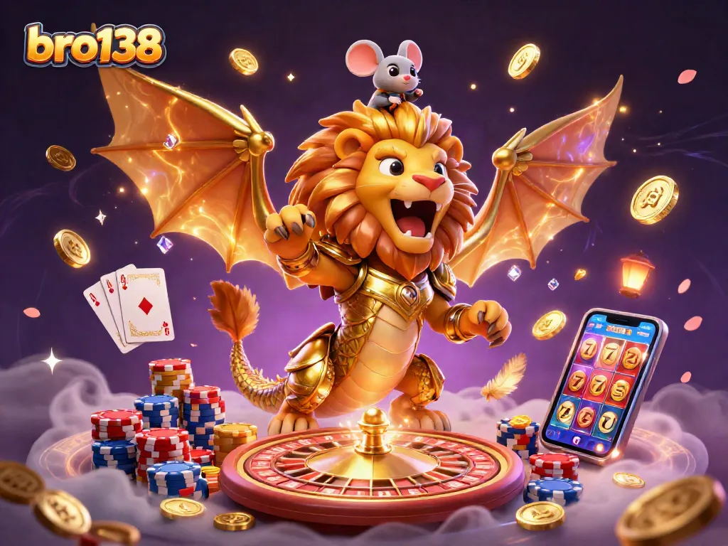 Experience thrilling gameplay with bro138 featuring a golden chimera, cascading coins, and vibrant casino elements.