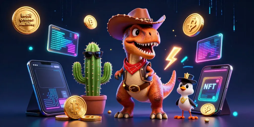 Play at the best online casino real money with exciting characters and crypto elements in a vibrant 3D scene.