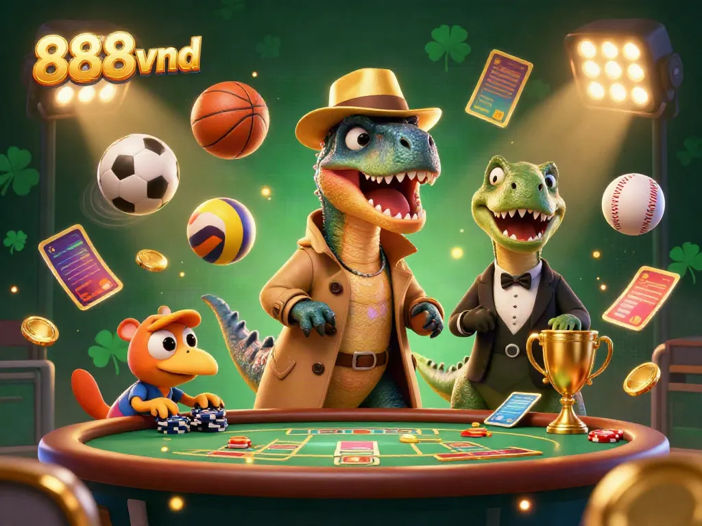 Experience the thrill of betting with 888vnd's vibrant casino scene featuring cartoon dinosaurs.