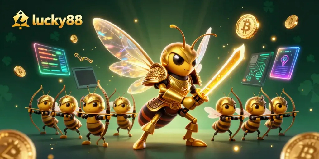 Experience winning with lucky88 in an exciting casino scene filled with vibrant characters and coins.