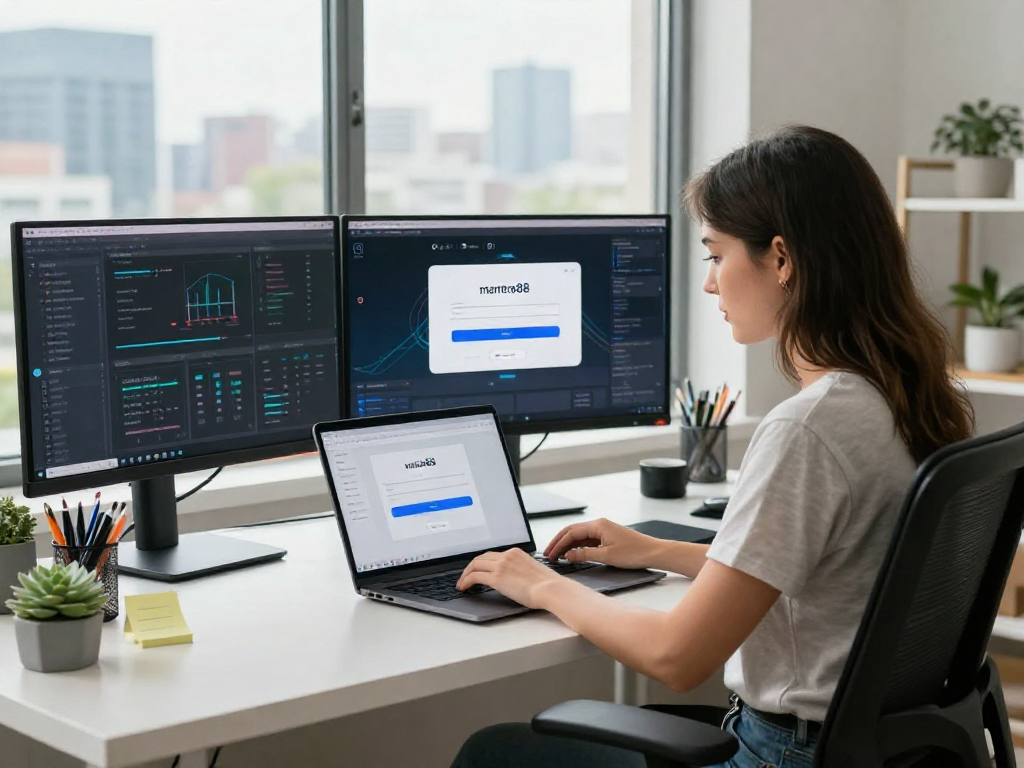 Woman using her laptop with a visible mantra88 login interface in a modern tech workspace.