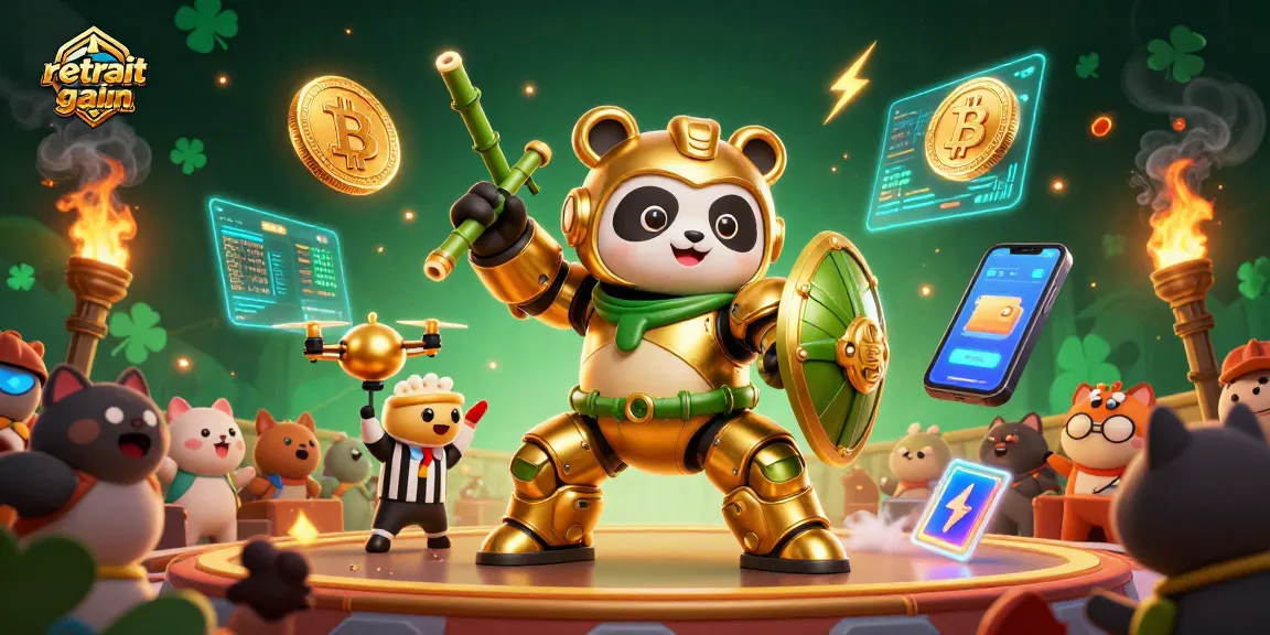Retrait gain casino : Pilotage d'un robot de combat par un panda doré dans une arène de jeu crypto.