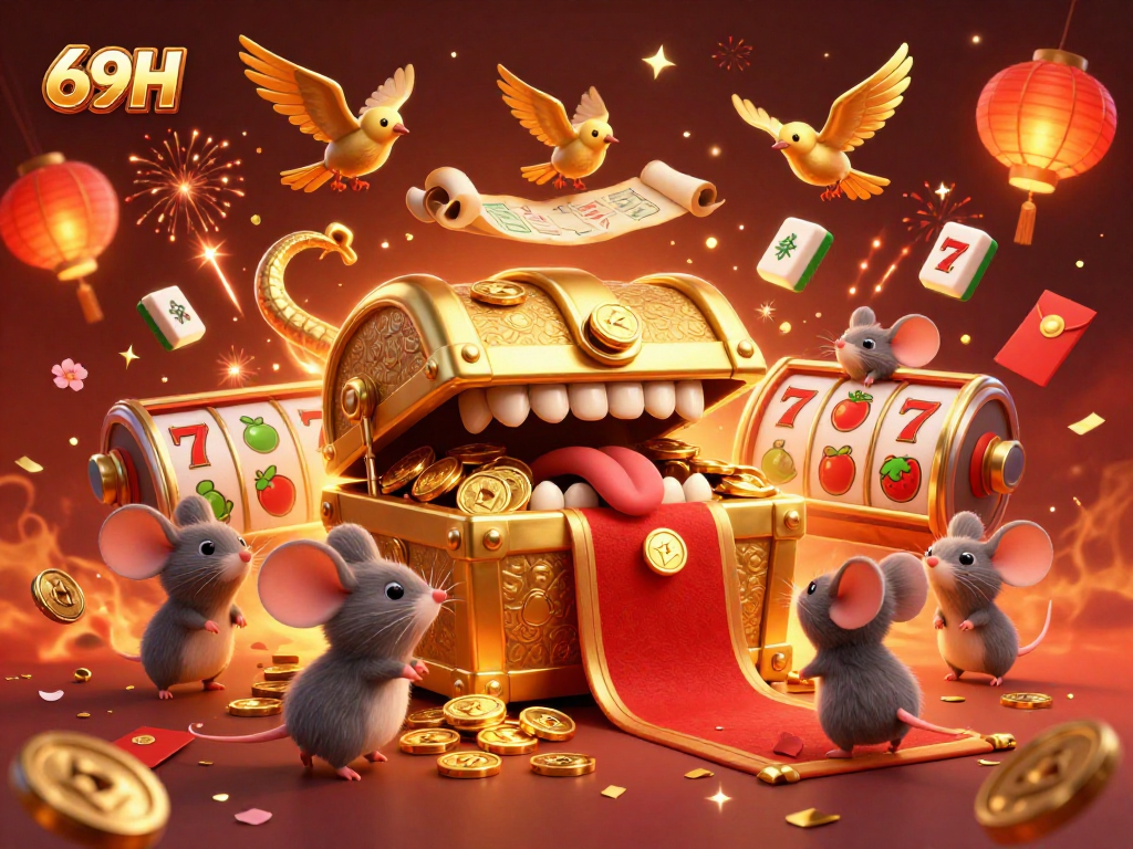 Ganhe no cassino online 69H com uma cena vibrante de cofre brilhante e elementos de jogo.