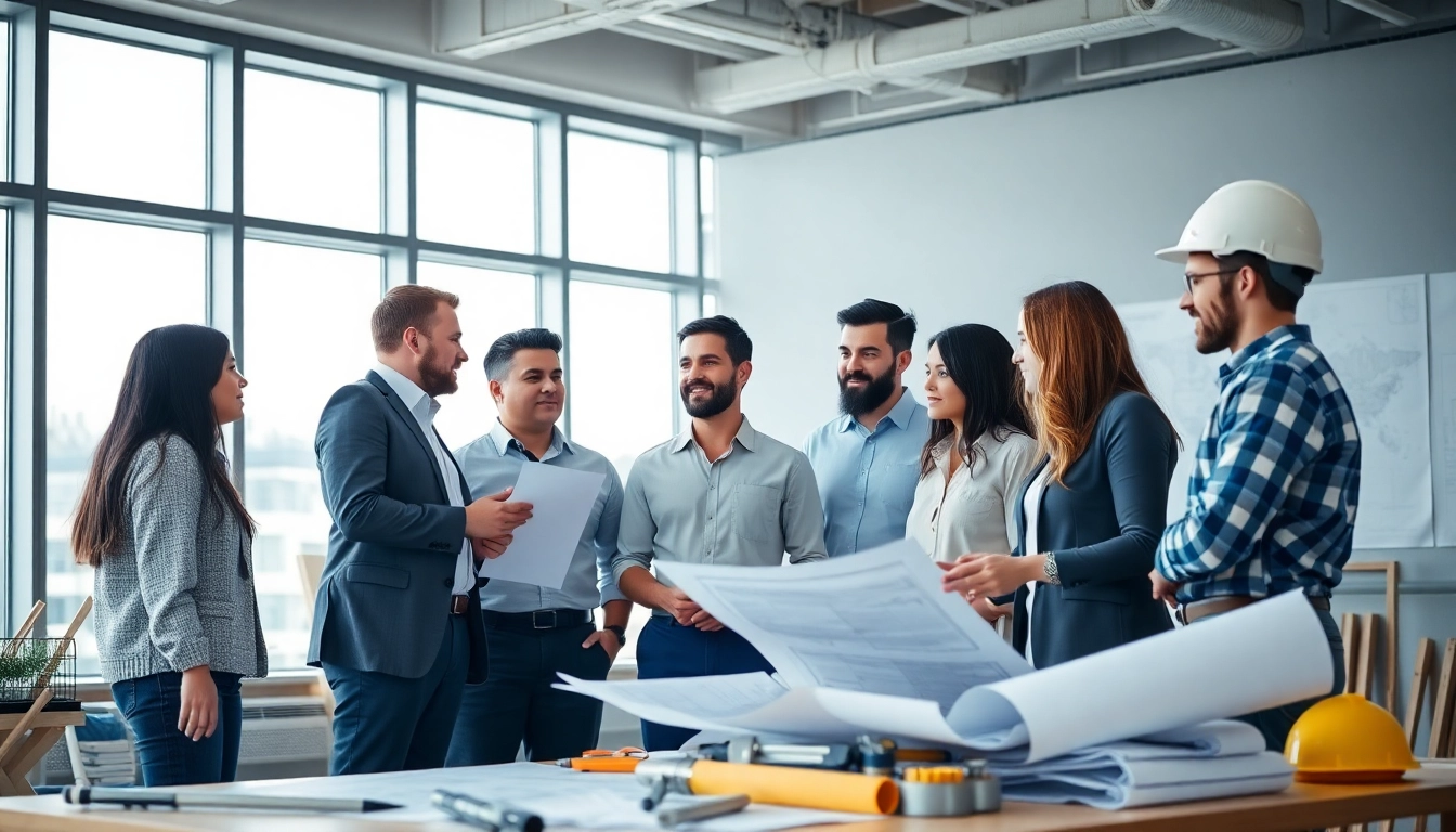 Engaged construction company membership organization professionals discussing plans in a modern office environment.