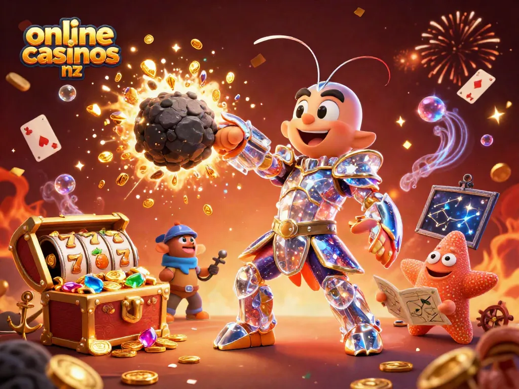 Engaging online casinos nz scene showing a mantis shrimp hero amidst floating slot reels and gold explosions.