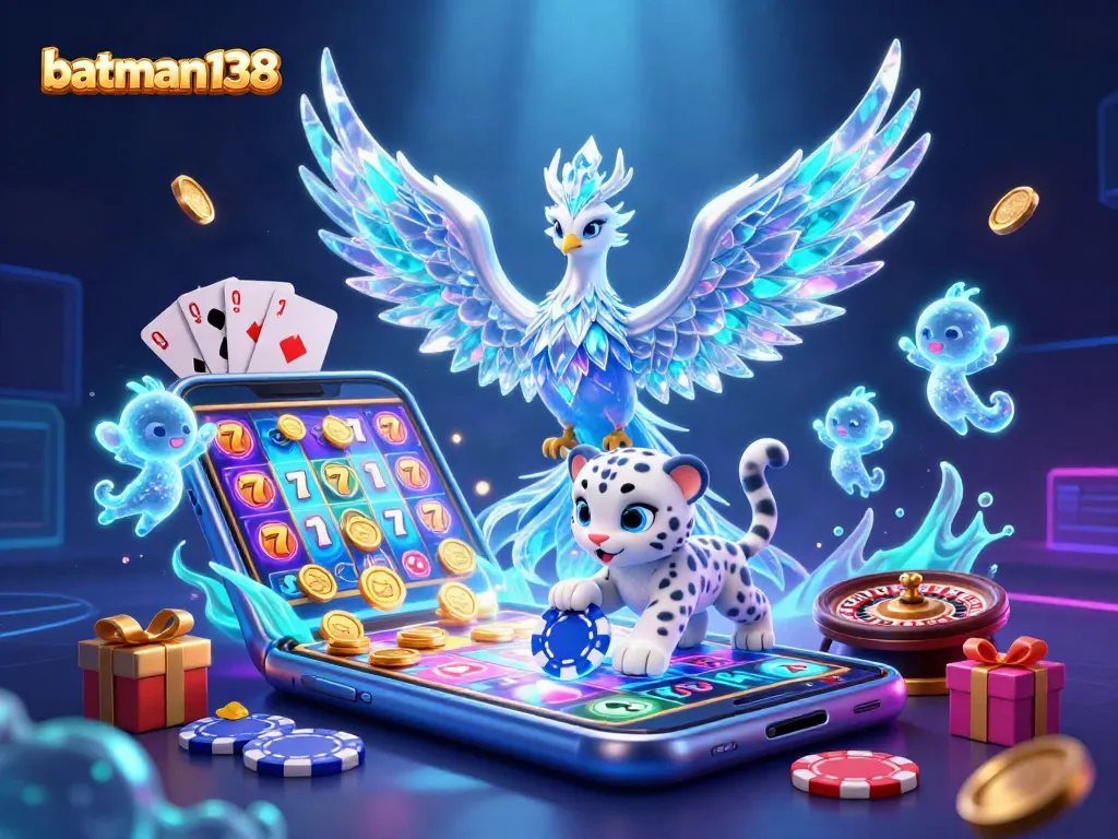 Experience engaging gaming action with batman138 as a snow leopard cub plays with poker chips and a phoenix soars.