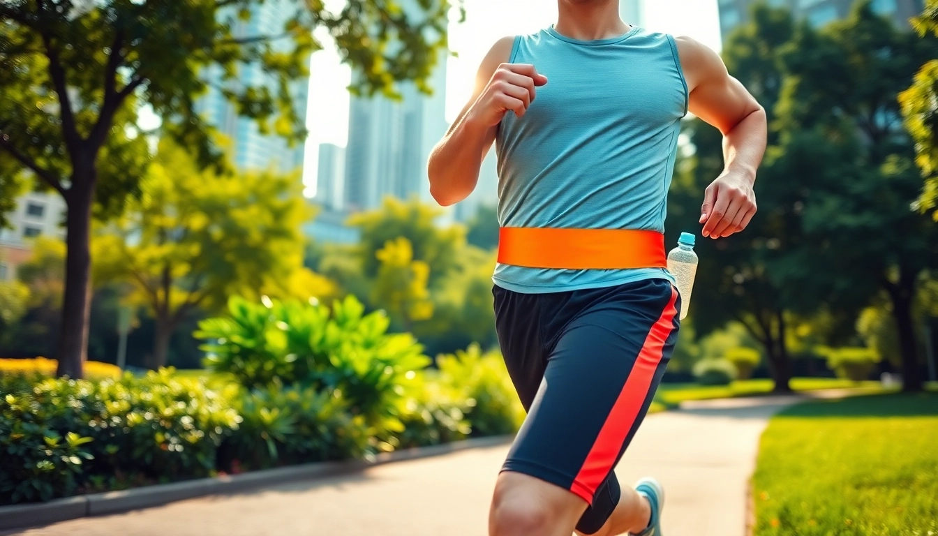 Runner using a vibrant running belt in a lively urban park setting.
