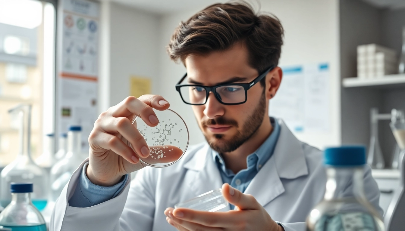 Researcher examines peptide compounds at https://peptideprice.store/ in a modern laboratory environment.