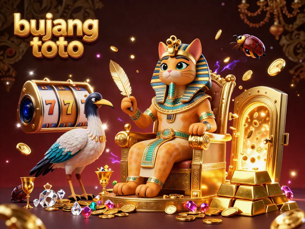Experience the excitement of bujang toto with vibrant 3D casino art featuring Egyptian pharaoh cat and treasure.