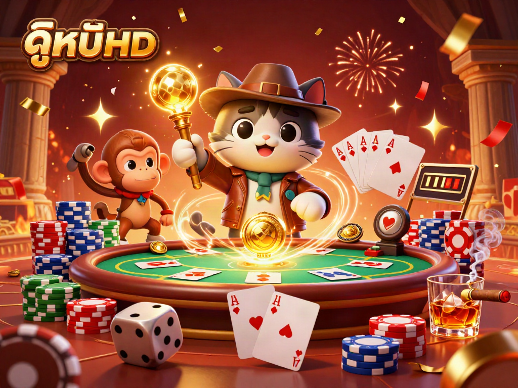 การเล่นเกมคาสิโนกับดูหนังHD บนโต๊ะโป๊กเกอร์ที่เต็มไปด้วยชิปและการเฉลิมฉลอง