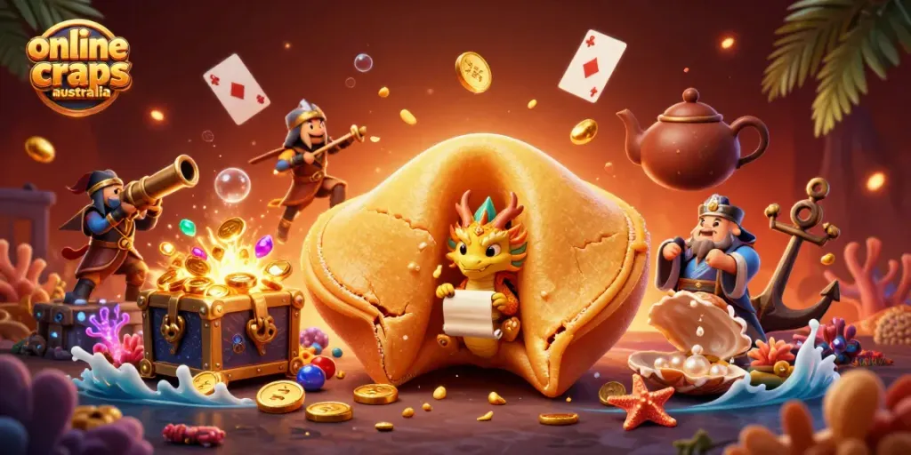 Experience online craps Australia with vibrant illustrations of fortune cookies and dragon themes.