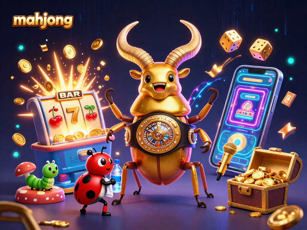 Mahjong showdown featuring a golden stag beetle and vibrant casino elements bursting with energy.