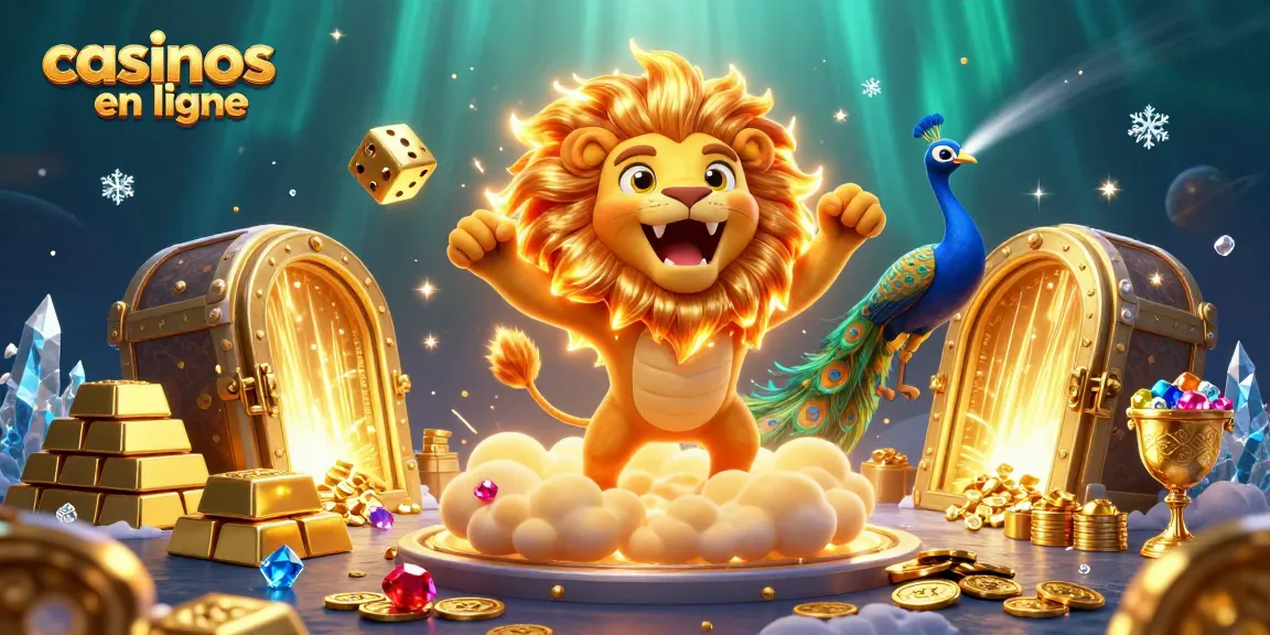 Visualisez l'animation des casinos en ligne avec un lion en 3D triomphant entouré de trésors scintillants.