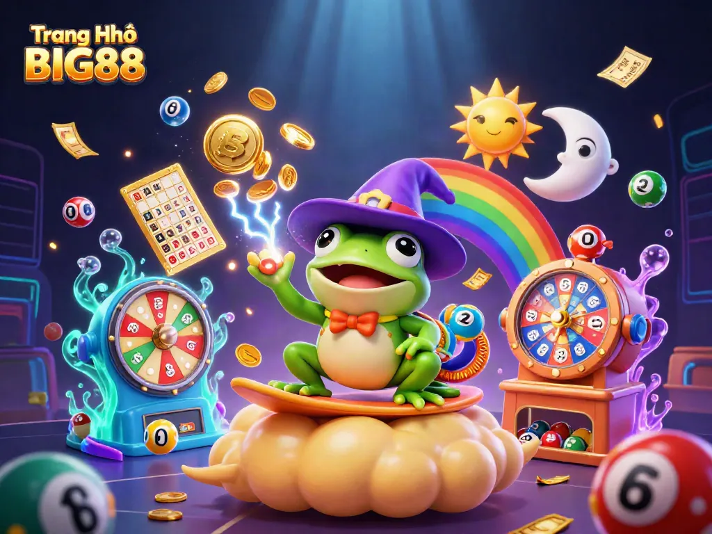 Experience the fun at Trang Chủ BIG88 with vibrant casino elements, golden coins, and dynamic characters.