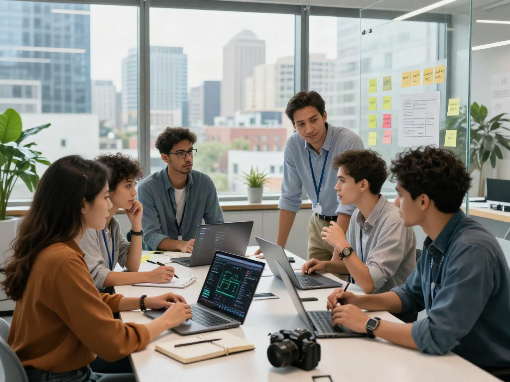 Collaborative workspace with a diverse team engaging in AI research discussions while using technology, illustrating the concept of crush on ai.