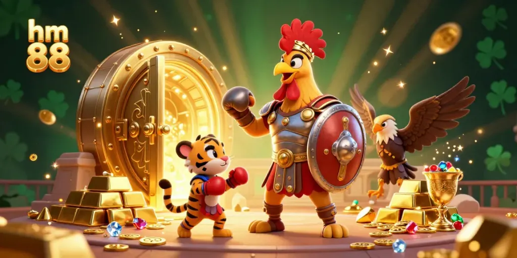 Engage with the vibrant hm 88 casino scene featuring a heroic rooster in armor amidst a treasure-filled colosseum.