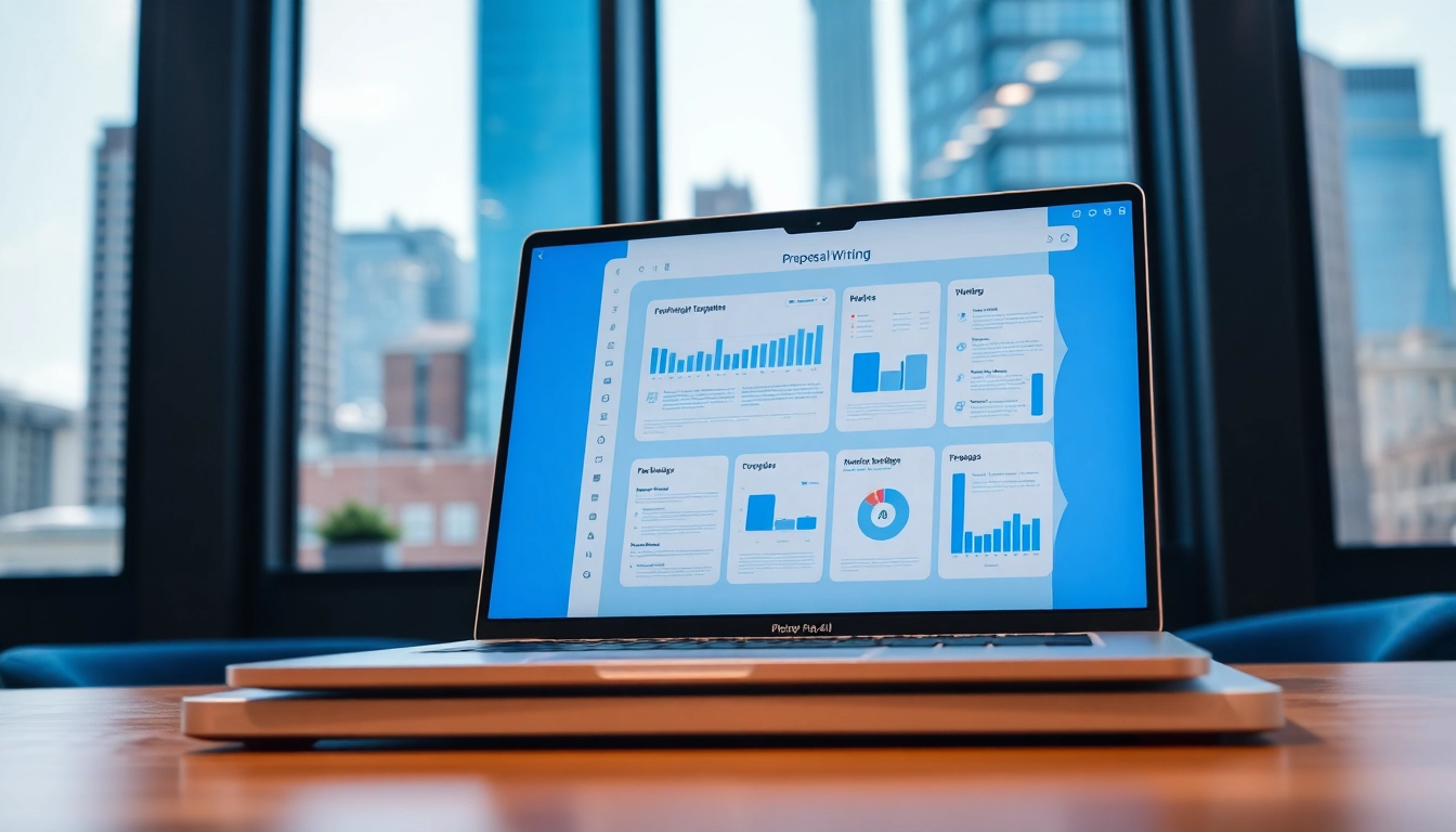 Utilize AI proposal writing software for federal contracts, showcasing a modern interface on a laptop.