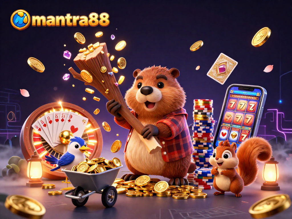 Experience thrilling wins at mantra88 with vibrant 3D cartoon casino illustrations featuring golden coins and exciting games!