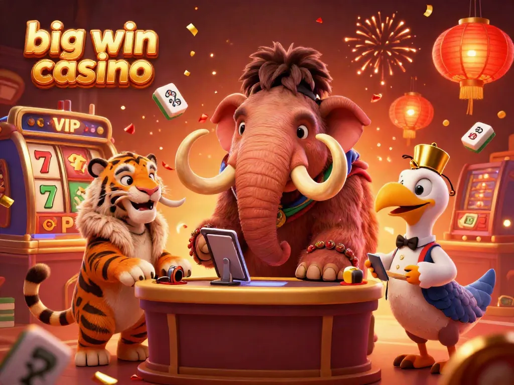 Engage in Big Win Casino with a vibrant scene featuring a woolly mammoth bouncer checking IDs and festive elements.