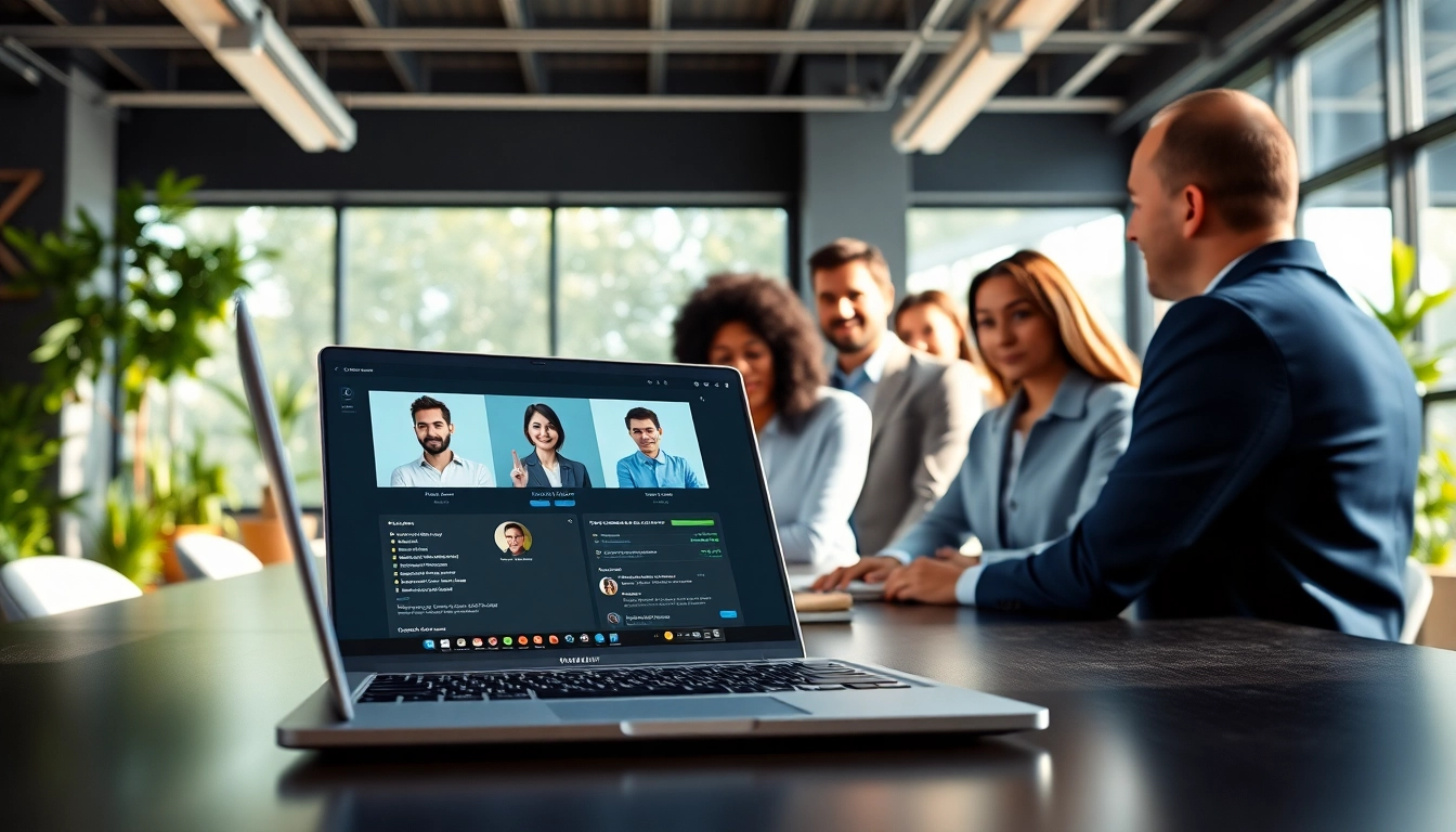 AI that handles meeting follow ups assisting professionals in a bright, modern office.