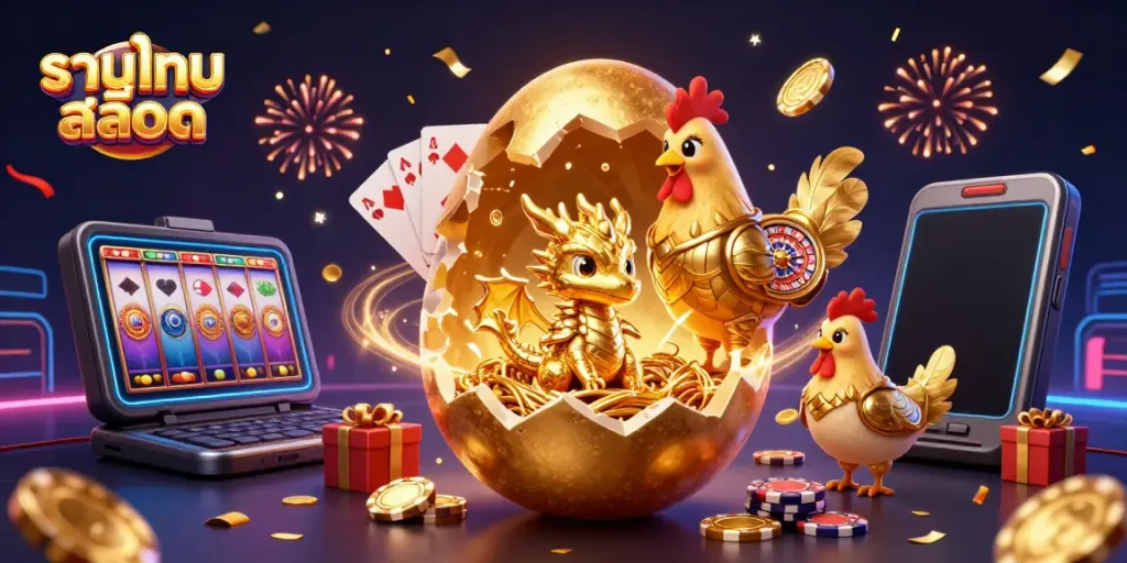 Experience the magic of รวมเกมสล็อต with a baby dragon and golden coins in a dynamic casino setting.