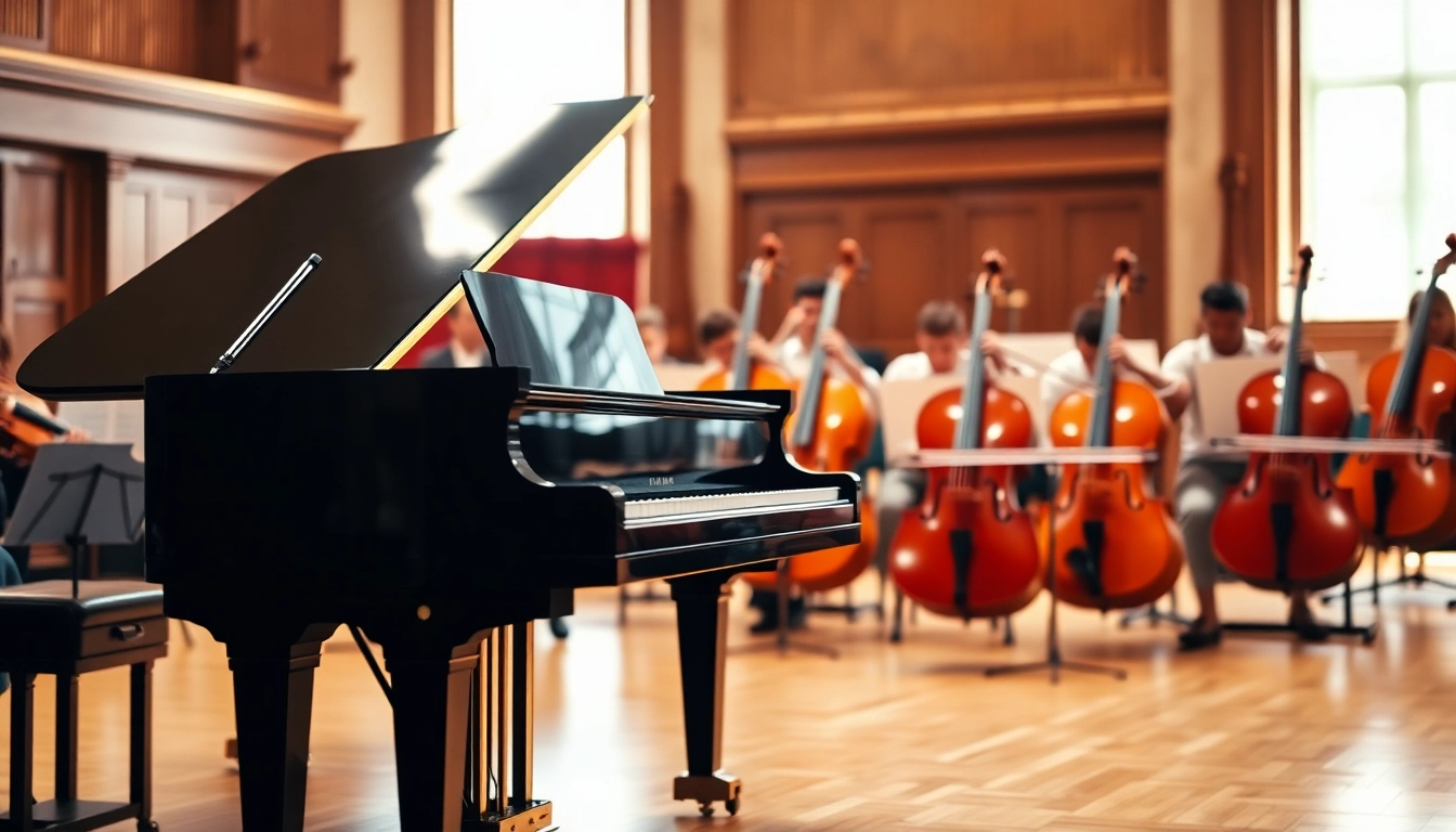 Asculta muzica clasica intr-un concert elegant cu pian si instrumente de coarde.