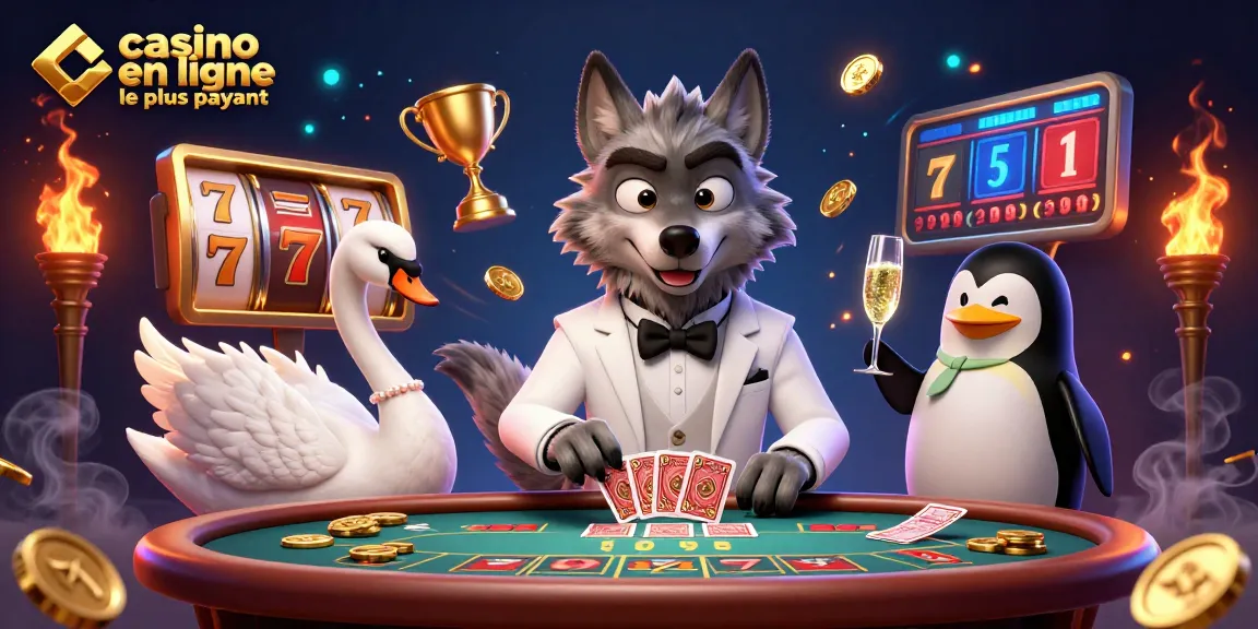 Visualisez un casino en ligne le plus payant avec un loup élégant, un cygne et un pingouin autour de jeux de casino.