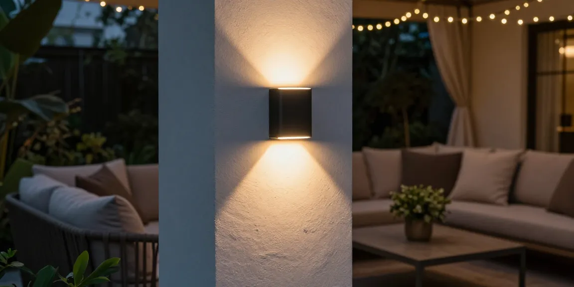 Aplica LED exterior montată pe un perete, iluminând un spațiu de patio confortabil.