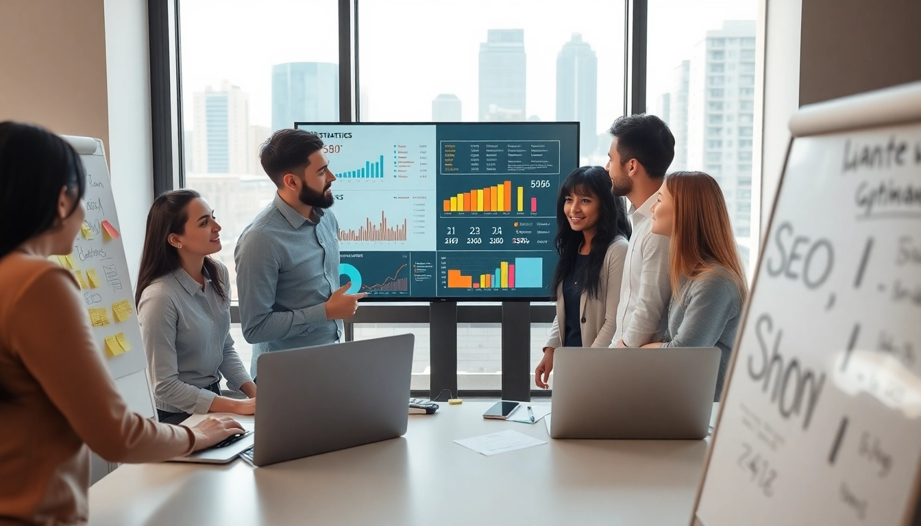 Engaging professionals detailing a managed seo service strategy in a bright office.