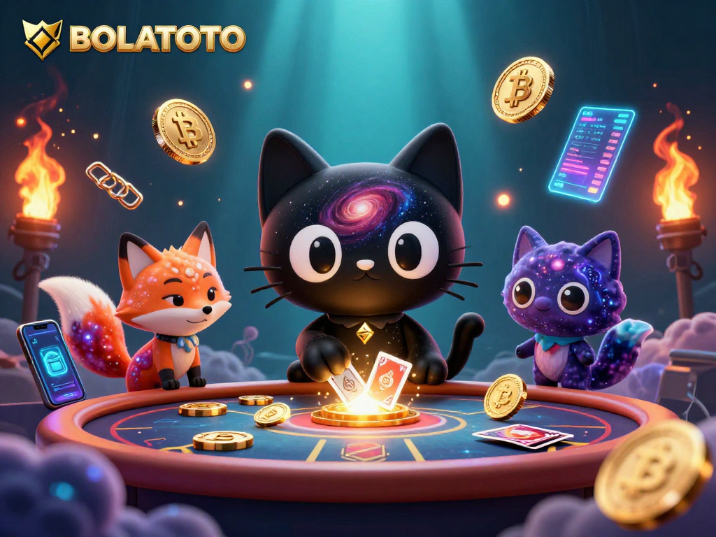 BOLATOTO showcases a cosmic casino scene with a cartoon black hole cat and nebula fox pulling in chips.