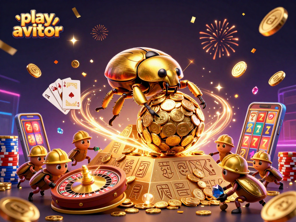 Play Aviator in a dynamic casino scene filled with golden coins and vibrant elements.