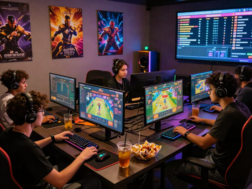 Group of friends enjoying bandar ze togel online in a vibrant gaming room with colorful LED lights and snacks.