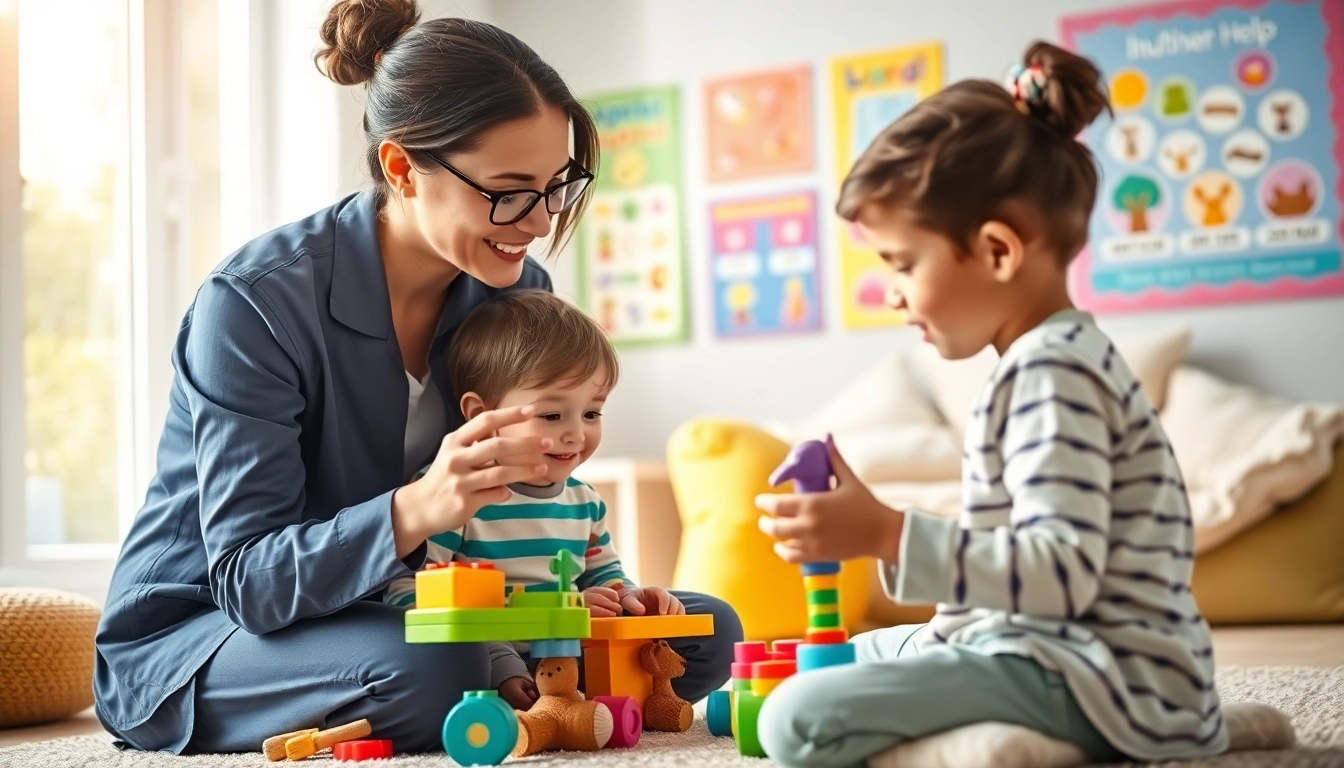 Providing Autism help in a bright therapy room, featuring a therapist and child engaged in play.