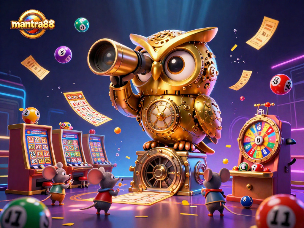 Engage with mantra88 in a vibrant casino scene featuring a golden owl and lively game elements.