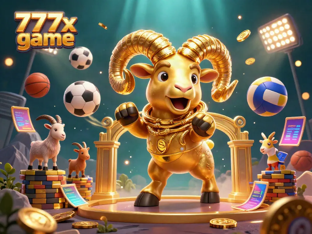 Experience the excitement of the 777x game with a golden ram and dynamic sports elements in a vibrant casino setting.