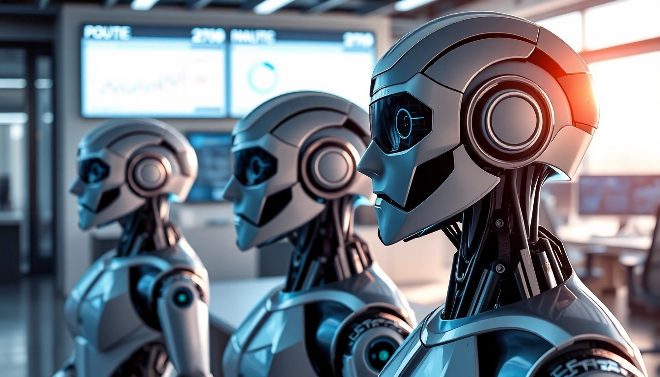 AI Bots collaborating in a modern workspace, showcasing advanced technology and innovation.
