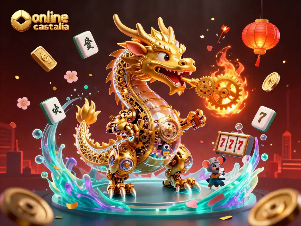 Engage in exciting gaming adventures at online casino australia with a dynamic dragon and vibrant elements.