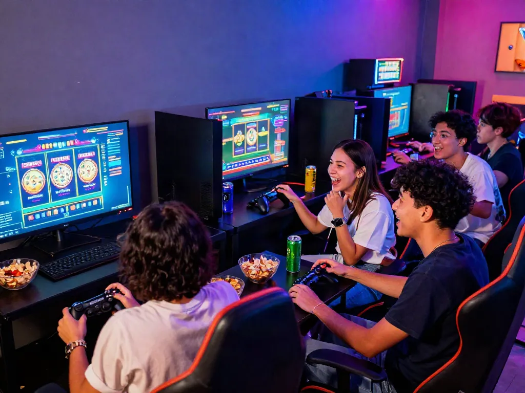 Excited friends playing ทดลองสล็อต on a large screen in a vibrant gaming lounge.