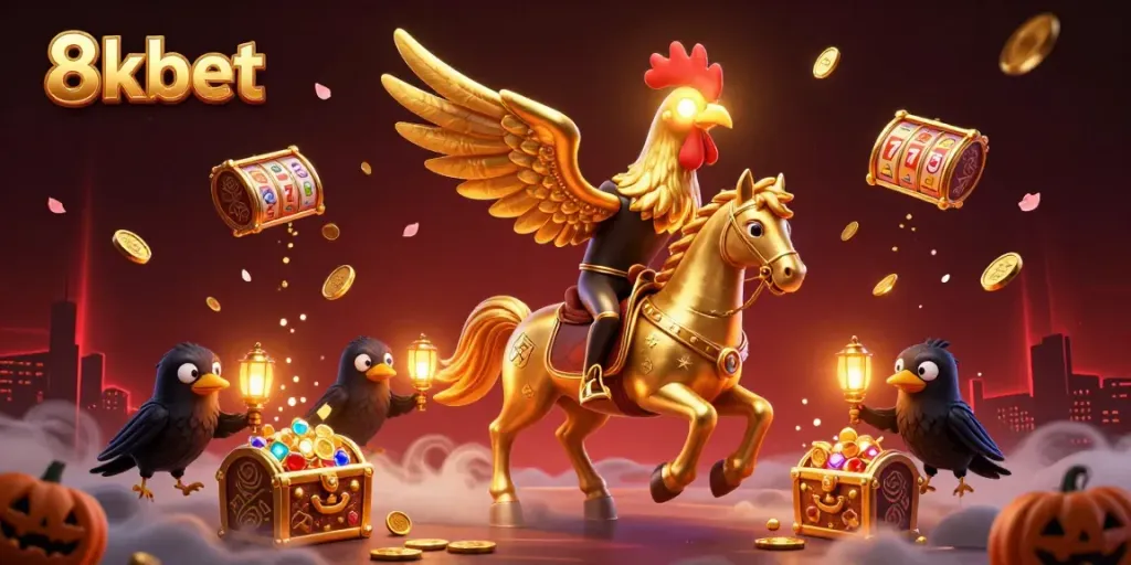 8xbet golden rooster riding a spectral horse in a vibrant casino filled with treasures.