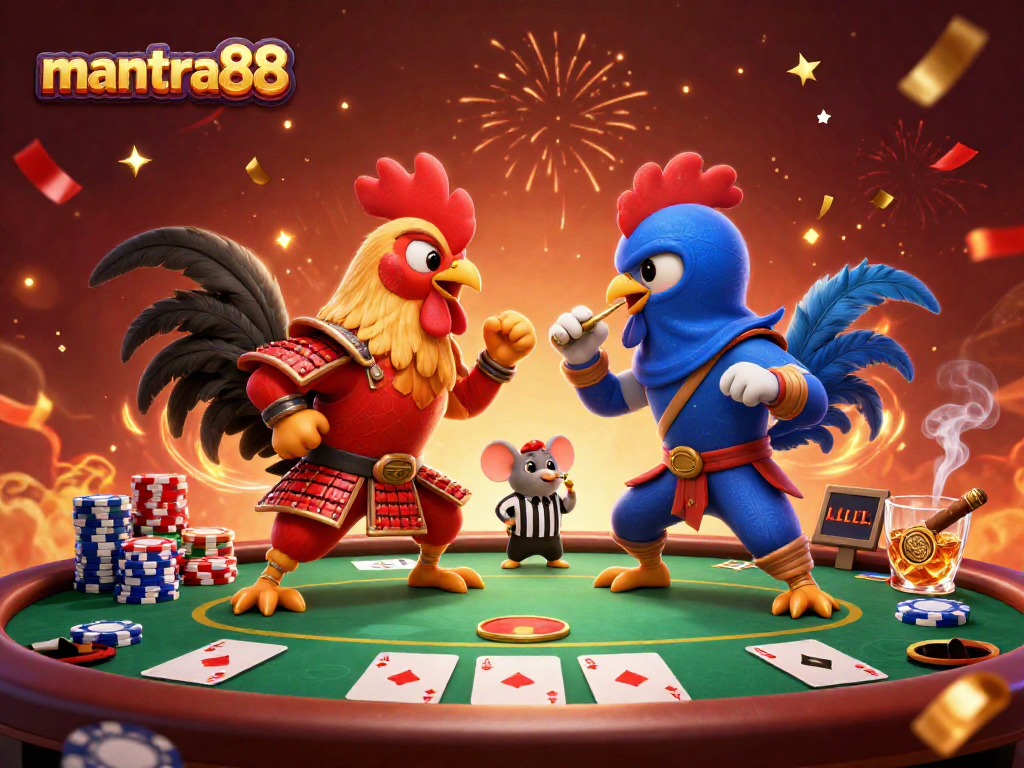 Engage with mantra88 in dramatic gaming action featuring colorful poker elements and fighting roosters.