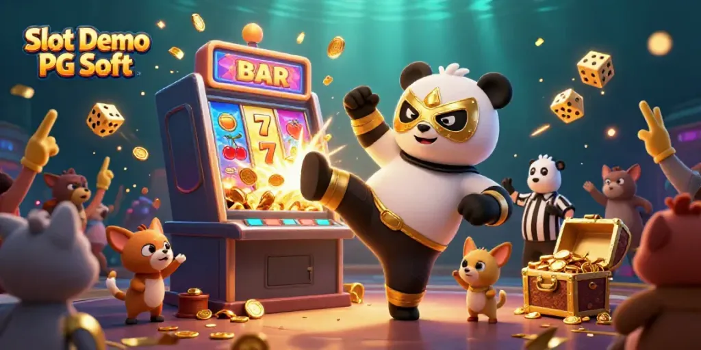 Experience thrilling Slot Demo PG Soft action with a 3D wrestling panda amidst dynamic casino elements.