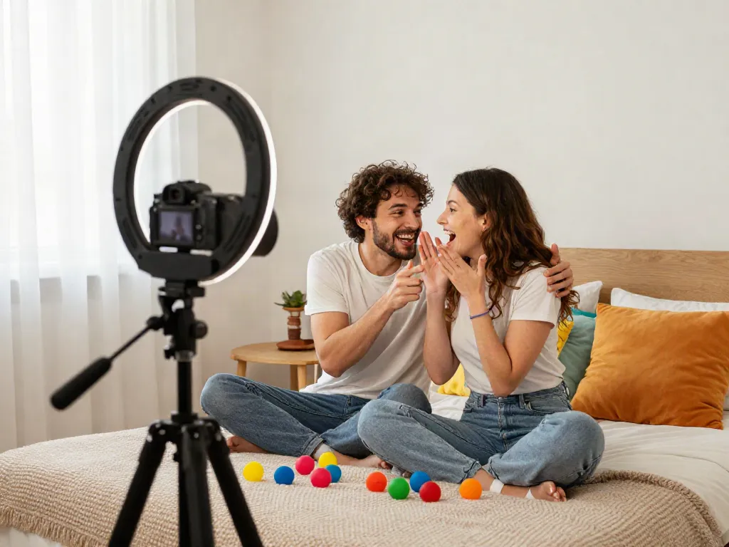 Amateur adult creators filming playful content in a cozy room.