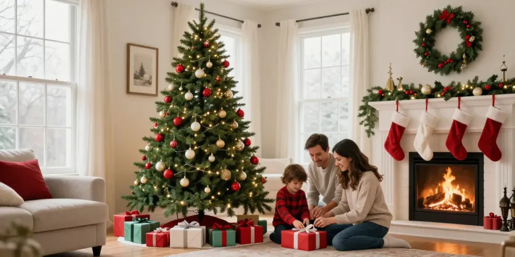 family wrapping gifts by a tall skinny Christmas tree in a cozy living room