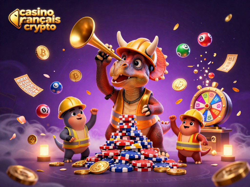 Jouez au casino français crypto avec des personnages colorés et des éléments de jeu festifs dans une scène dynamique.