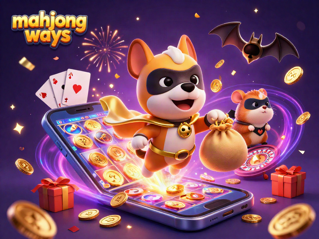 Spin and win with Mahjong Ways as a superhero dog and sidekick celebrate in a vibrant casino scene.