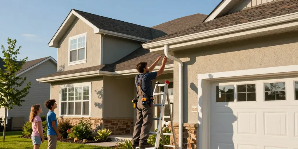 Spokane gutter installation process with a contractor working on seamless gutters.