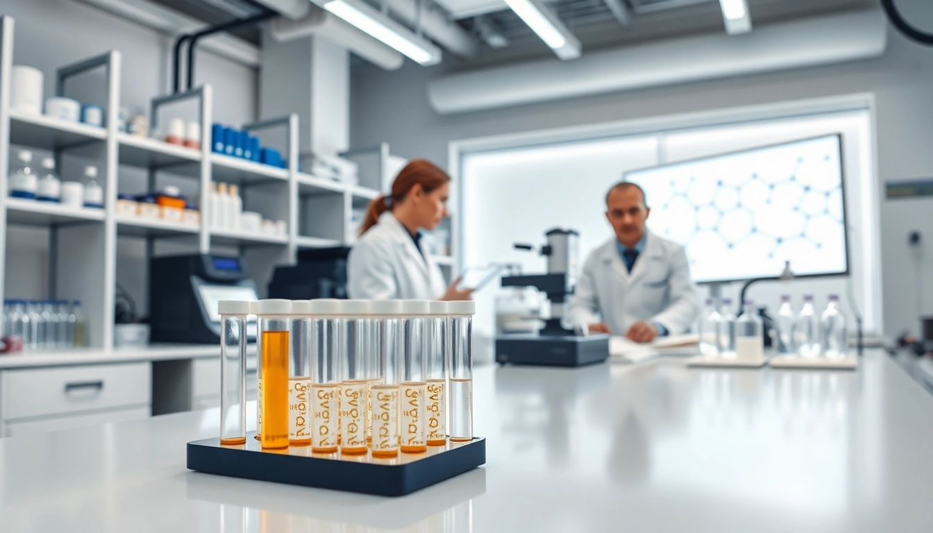 Researching peptides in a professional lab setting with advanced equipment and scientists collaborating.