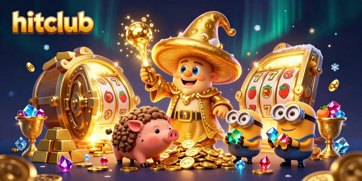 Join hitclub in this vibrant 3D casino scene filled with treasures and gaming elements.